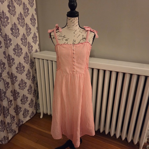 Sézane Juliette Pink Candy Stripe Tie-Strap Midi Dress, 100% Cotton, Sz FR36 US4 - Picture 3 of 14
